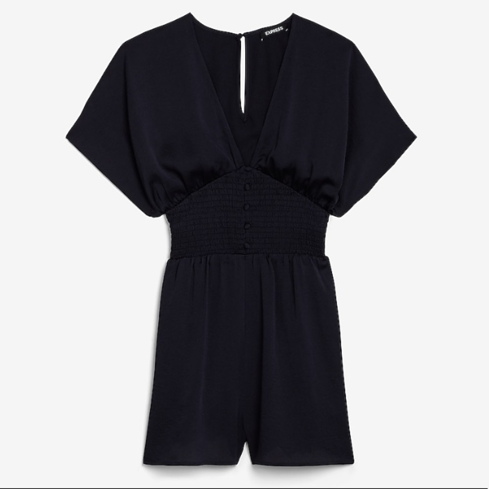 Navy Kimono smocked waist romper - Picture 4 of 6
